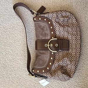 Coach Brown and Tan Shoulder Bag with Gold Studs and Buckle